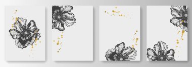 Mürekkep ve altın damlalar içinde çiçek resmi olan beyaz arkaplan koleksiyonu