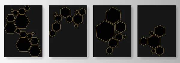 Set van zwarte achtergronden met geometrisch patroon van zeshoeken met gouden randen — Stockvector