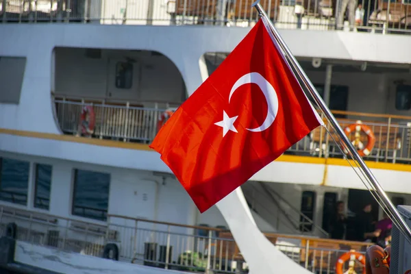 Turkish Flag Foreground Istanbul Ferry Background — стоковое фото