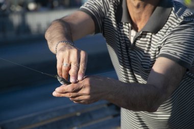 Taze yakalanmış uskumru balığı bir adamın elinde kancaya takıldı..