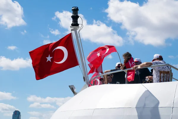 Istanbul Turkey July 2022 Little Girl Waving Turkish Flag Ship — Stock Photo, Image