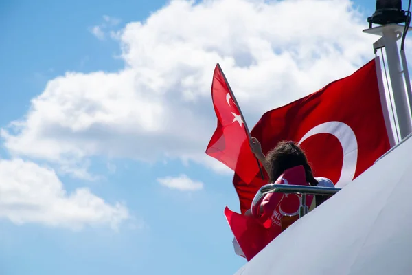 Istanbul Turkey July 2022 Little Girl Waving Turkish Flag Ship — Stock Photo, Image