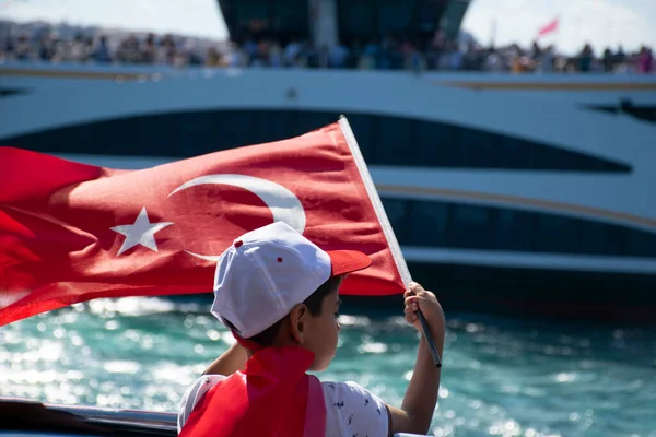 Istanbul Turkey July 2022 Turkish Flag Waving Child Hand Child — Fotografia de Stock