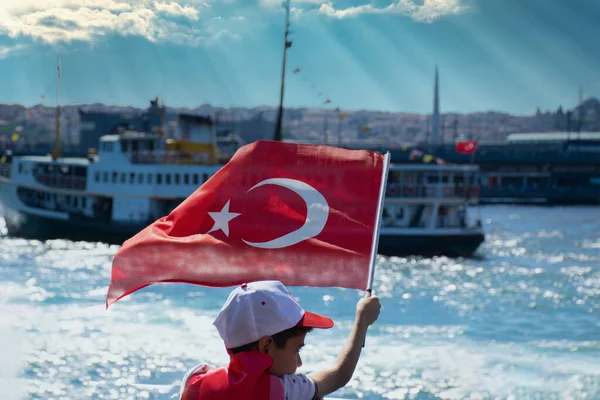 Istanbul Turkey July 2022 Turkish Flag Waving Child Hand Turkish — Fotografia de Stock