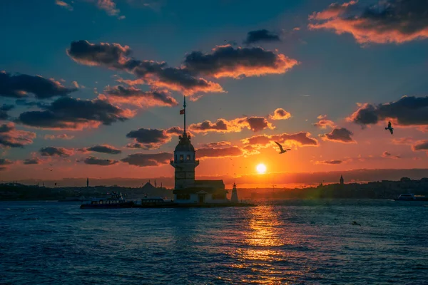 Awesome sunset at Maiden Tower. An iconic landmark on Istanbul\'s skyline, the Maiden\'s Tower has a rich history dating back to the fourth century, as well as a few legends.