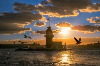 Awesome sunset at Maiden Tower. An iconic landmark on Istanbul's skyline, the Maiden's Tower has a rich history dating back to the fourth century, as well as a few legends.