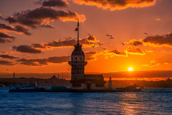 Awesome sunset at Maiden Tower. An iconic landmark on Istanbul's skyline, the Maiden's Tower has a rich history dating back to the fourth century, as well as a few legends.