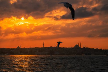 Hagia Sophia, Topkapi Palace and Blue Mosque on sunset in Istanbul. View from a cloudy day in Istanbul