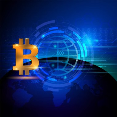 Golden bitcoin blue glown background, vector