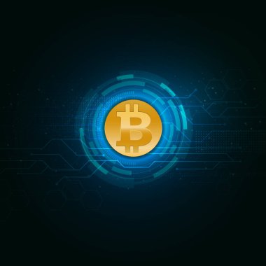 Golden bitcoin on deep blue with glown circuit background, vector