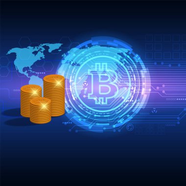 Bitcoin on circuit graphic blue background