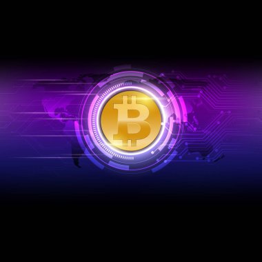 Mor, parlak, koyu renk, vektör üzerinde altın bitcoin