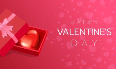 Red hearts are in a red gift box tied with a pink ribbon. on a pink background with reddish pink hearts and many small hearts