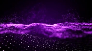 Soyut Mor dijital parçacık dalgası ve ışık arkaplan çizgisi siber animasyon veya teknoloji, 4K 3D hareket videosu.
