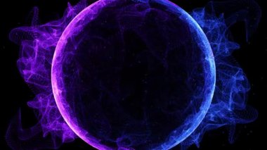 Siyah zemin üzerinde soyut mavi mor parlak parçacık dalgası konsepti geometrik şekiller. 4K 3D hareketli video.