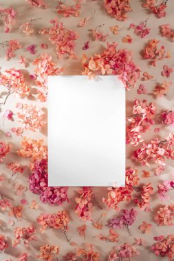 Pembe çiçekli boş kart. Tasarım ve sunum için şık arka planda sahte kart. Şenlik ve bahar kutsanması. Anneler günü kartı mı, kadınlar günü mü?