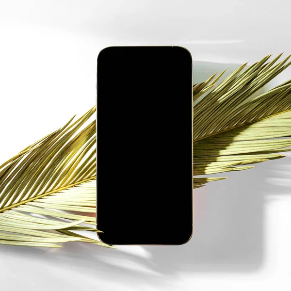 Modèle Smartphone Avec Feuille Palme Sur Fond Blanc Modélisation Écran — Photo