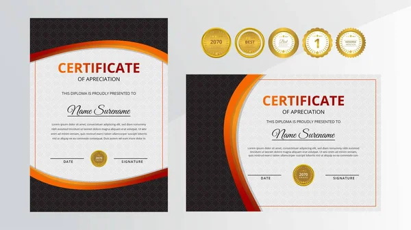 Certificado Lujo Rojo Negro Degradado Con Juego Insignias Oro Para — Vector de stock