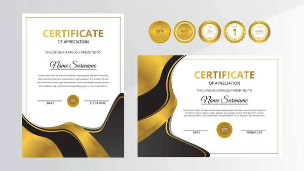 Certificado Lujo Dorado Negro Degradado Con Juego Insignias Oro Para — Vector de stock