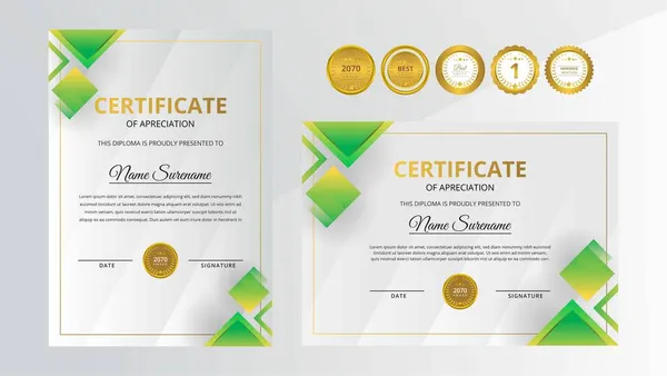 Certificado Lujo Dorado Verde Degradado Con Juego Insignias Oro Para — Vector de stock