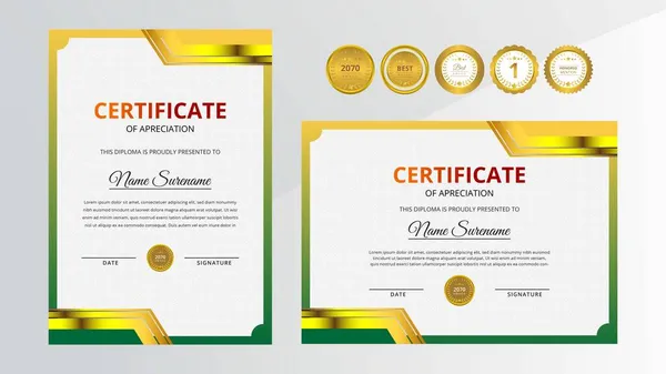 Certificado Lujo Dorado Verde Degradado Con Juego Insignias Oro Para — Archivo Imágenes Vectoriales