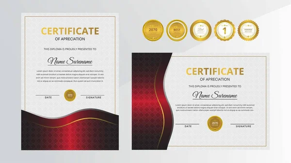 Certificado Lujo Negro Rojo Degradado Con Juego Insignias Oro Para — Archivo Imágenes Vectoriales