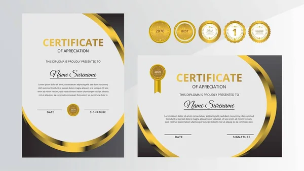 Certificado Lujo Dorado Negro Degradado Con Juego Insignias Oro Para — Vector de stock