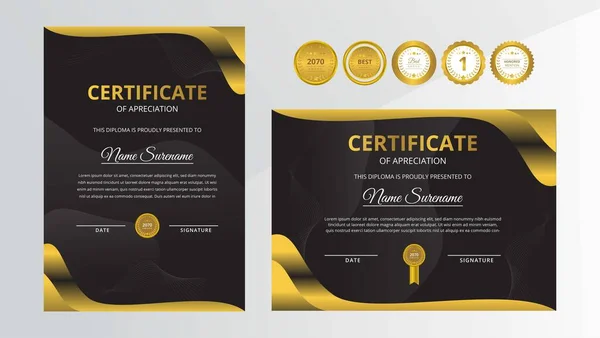 Certificado Luxo Dourado Preto Gradiente Com Conjunto Crachá Ouro Para — Vetor de Stock
