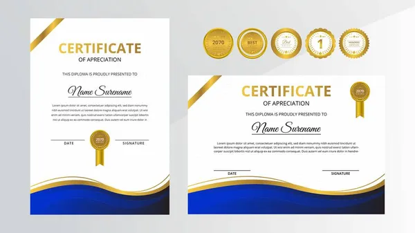 Certificado Lujo Dorado Azul Degradado Con Juego Insignias Oro Para — Archivo Imágenes Vectoriales