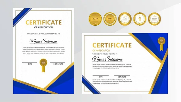 Certificado Lujo Dorado Azul Degradado Con Juego Insignias Oro Para — Vector de stock