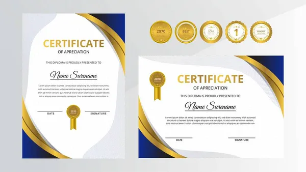 Gradient Gouden Blauwe Luxe Certificaat Met Gouden Badge Set Voor — Stockvector