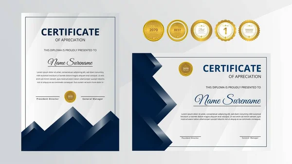 Certificado Luxo Azul Preto Gradiente Com Conjunto Crachá Ouro Para — Vetor de Stock