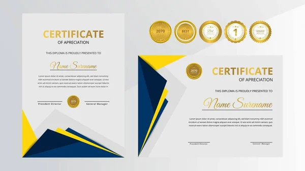 Certificado Lujo Azul Amarillo Degradado Con Juego Insignias Oro Para — Archivo Imágenes Vectoriales