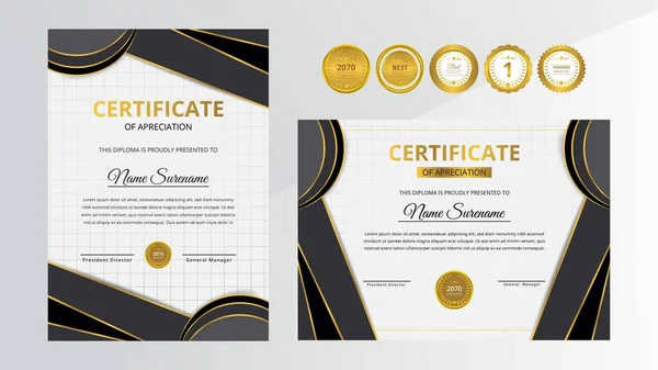 Certificado Lujo Dorado Negro Degradado Con Juego Insignias Oro Para — Archivo Imágenes Vectoriales