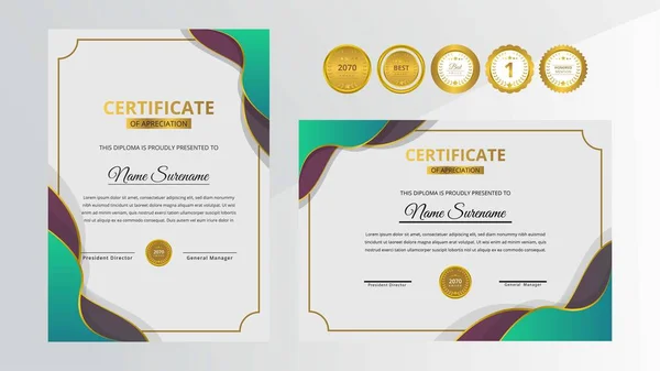 Certificado Lujo Verde Rojo Degradado Con Juego Insignias Oro Para — Archivo Imágenes Vectoriales