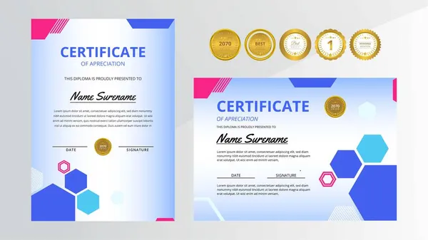 Gradient Blauw Roze Luxe Certificaat Met Gouden Badge Set Voor — Stockvector