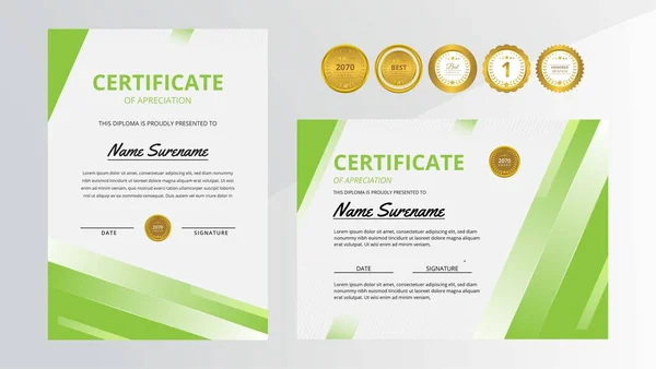 Gradient Groen Luxe Certificaat Met Gouden Badge Set Voor Prijs — Stockvector