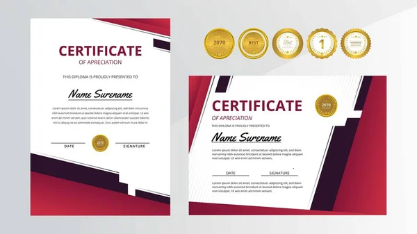 Certificado Luxo Vermelho Preto Gradiente Com Conjunto Crachá Ouro Para — Vetor de Stock