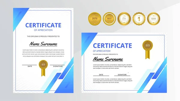 Certificado Lujo Azul Degradado Con Juego Insignias Oro Para Necesidades — Vector de stock