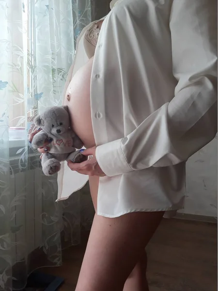 Pregnant Girl Soft Toy Her Hands Standing Window — Stock Photo, Image