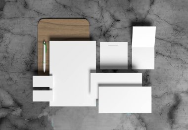 Kırtasiye şablonu kırmızı A4 Letterhead, kartvizit, zarf, defter kalemi, üç katlı broşür. Koyu arkaplan 