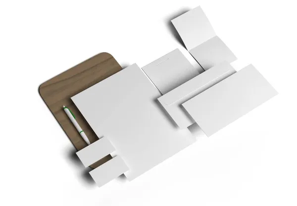 Kırtasiye şablonu kırmızı A4 Letterhead, kartvizit, zarf, defter kalemi, üç katlı broşür. Koyu arkaplan 