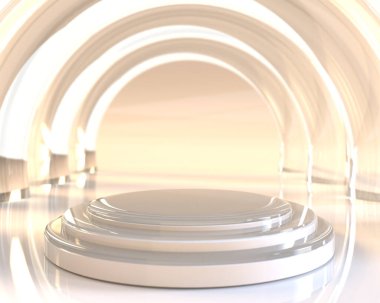 Ürün sunumu için neon arkaplan üzerinde cam daire sütun tasarımı ile üçlü altın silindir kaide podyumu 3d görüntüleme