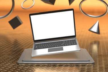 Diz üstü bilgisayar ekranı, arka plan ürünü sunumu 3D görüntüleme ile üçlü silindir kaidesinin üzerinde modelleme.