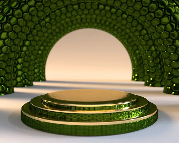 Ürün sunumu için neon arkaplan üzerinde yeşil neon bal peteği dairesi sütun tasarımı ile üçlü altın silindir kaide podyumu 3d görüntüleme