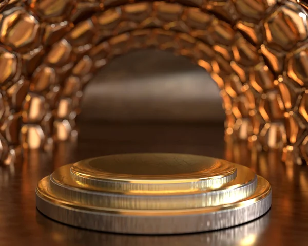 Potrójny Złoty Stojak Cylindrowy Podium Brązowym Plastrem Miodu Okrągły Wzór — Zdjęcie stockowe