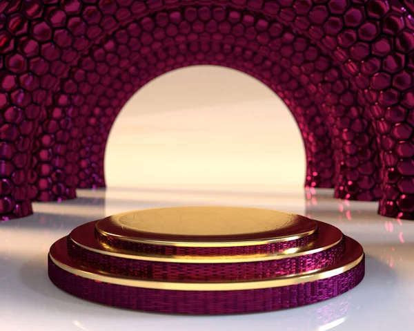 Ürün sunumu için neon arkaplan üzerinde mor bal peteği dairesi sütun tasarımı ile üçlü altın silindir kaide podyumu 3d görüntüleme