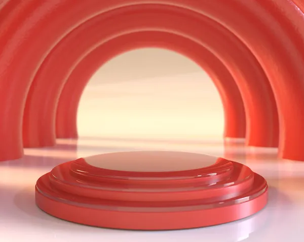 Çarpım sahne gösterimi için beyaz zemin üzerinde kırmızı daire sütun tasarımı olan üç silindirli kaide podyumu 3D görüntüleme