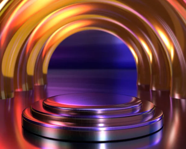 Ürün sunumu için neon arkaplan üzerinde turuncu daire sütun tasarımı ile üç neon silindirli kaide podyumu 3d görüntüleme