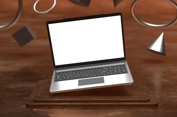Laptop Computerbildschirm Attrappe Über Dreizylinder Sockel Mit Hintergrund Produktpräsentation Bühnenanzeige — Stockfoto
